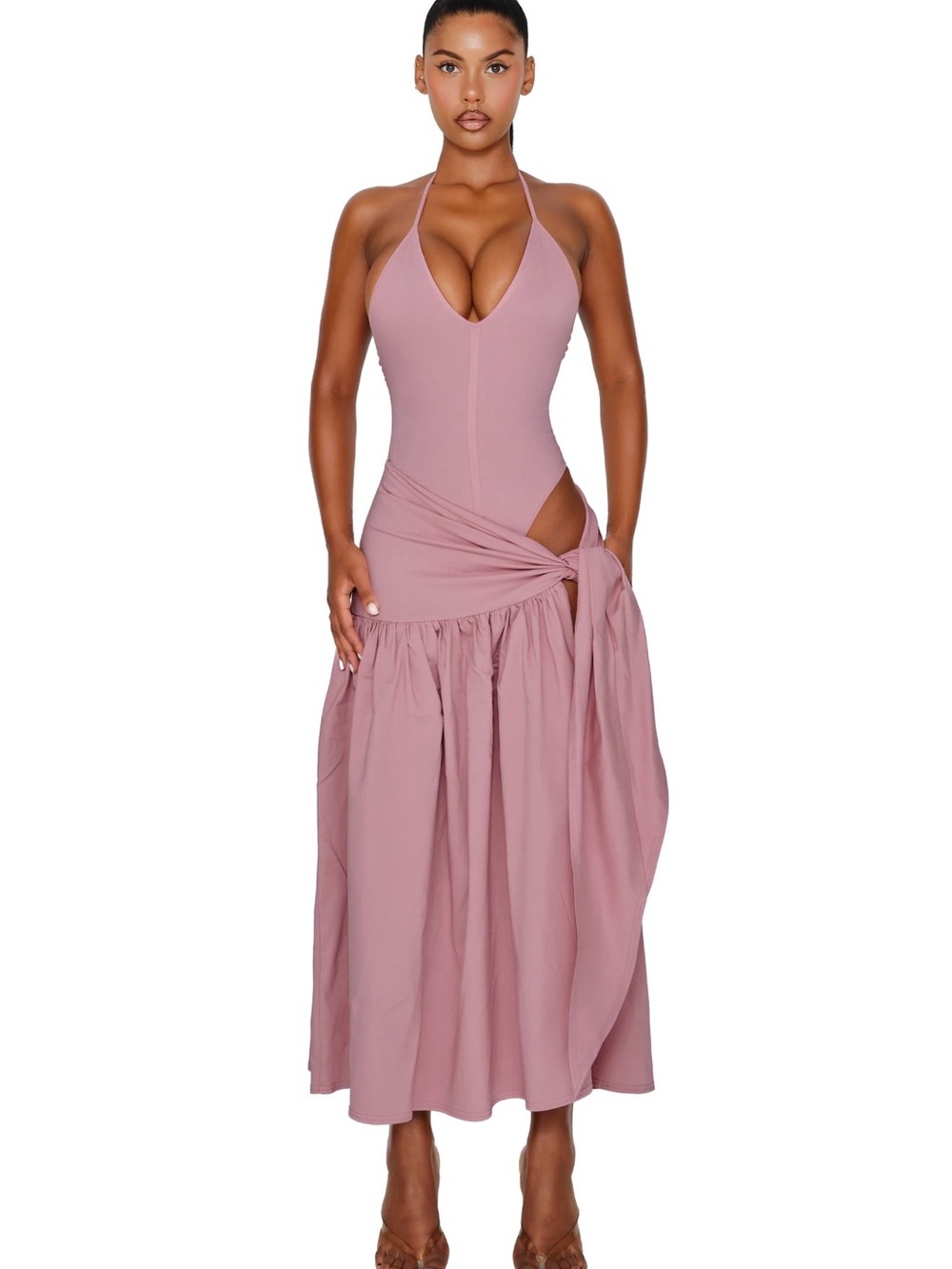 Halter Mauve Maxi Dress with Side Knot Detail